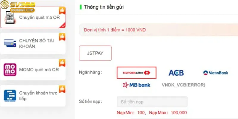 Giao diện nạp tiền SV368 trực tuyến